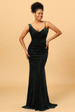 Mermaid V Neck Green Velvet Long Prom Dress