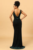 Mermaid V Neck Green Velvet Long Prom Dress