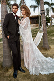 Ivory and Champagne Lace Boho Wedding Dress With Cape