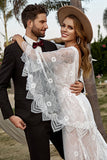 Ivory and Champagne Lace Boho Wedding Dress With Cape