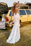 Ivory and Champagne Spaghetti Straps Mermaid Lace Beach Wedding Dress With Sweep Train