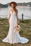 Ivory Mermaid Lace Sweep Train Boho Wedding Dress With Bowknots