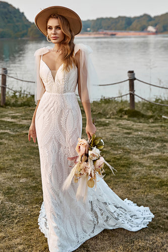 Ivory Mermaid Lace Sweep Train Boho Wedding Dress With Bowknots