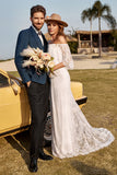 Ivory Mermaid Off The Shoulder Lace Boho Wedding Dress With Sweep Train