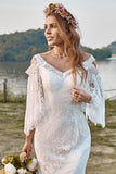 Ivory Lace Cold Shoulder Mermaid Cape Sleeve Boho Wedding Dress