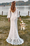 Ivory Lace Cold Shoulder Mermaid Cape Sleeve Boho Wedding Dress