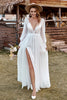 Load image into Gallery viewer, Ivory Lace Chiffon V-Neck Long Sleeve Boho Wedding Dress