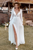 Ivory Lace Chiffon V-Neck Long Sleeve Boho Wedding Dress