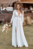 Ivory Lace Chiffon V-Neck Long Sleeve Boho Wedding Dress