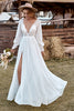 Load image into Gallery viewer, Ivory Lace Chiffon V-Neck Long Sleeve Boho Wedding Dress