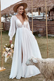 Ivory Lace Chiffon V-Neck Long Sleeve Boho Wedding Dress