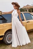 Ivory Lace Chiffon Halter Boho Wedding Dress With Slit