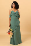 Eucalyptus Spaghetti Straps Long Bridesmaid Dress with Ruffles