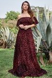 A Line Off the Shoulder Burgundy Long Prom Dress with Belt