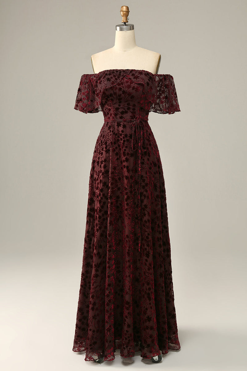 Load image into Gallery viewer, Burgundy Flower Off The Shoulder Evening Dress