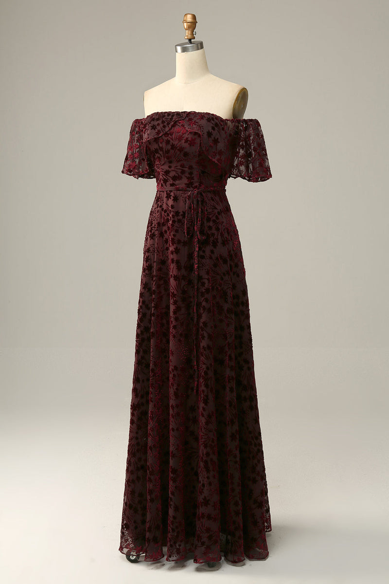 Load image into Gallery viewer, Burgundy Flower Off The Shoulder Evening Dress