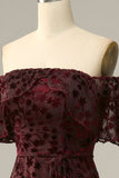 Burgundy Flower Off The Shoulder Evening Dress