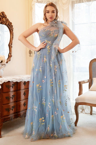 A Line One Shoulder Grey Blue Plus Size Prom Dress with Embroidery