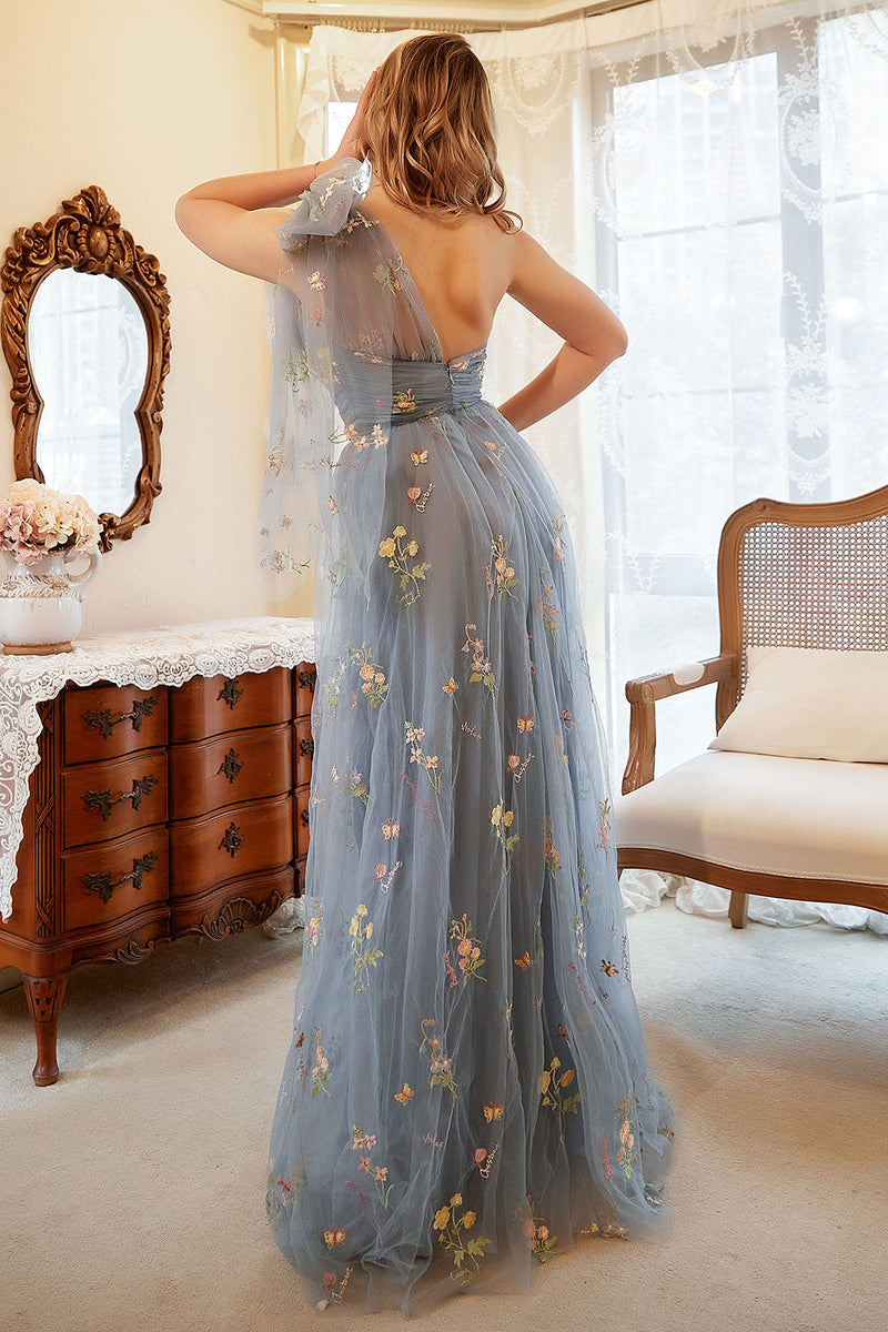 Load image into Gallery viewer, A Line One Shoulder Grey Blue Plus Size Prom Dress with Embroidery