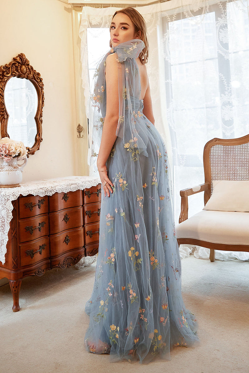 Load image into Gallery viewer, A Line One Shoulder Grey Blue Plus Size Prom Dress with Embroidery