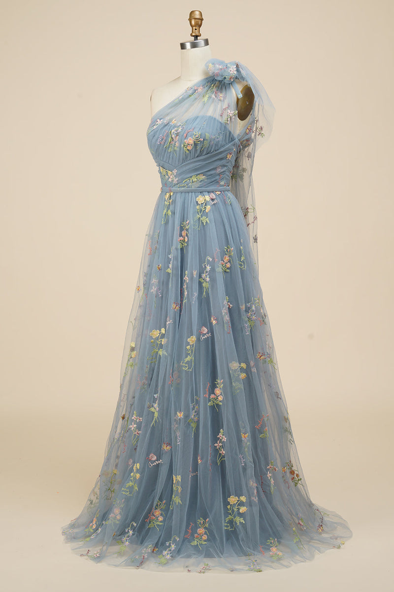 Load image into Gallery viewer, A-Line Grey Blue Long Prom Dress With Embroidery