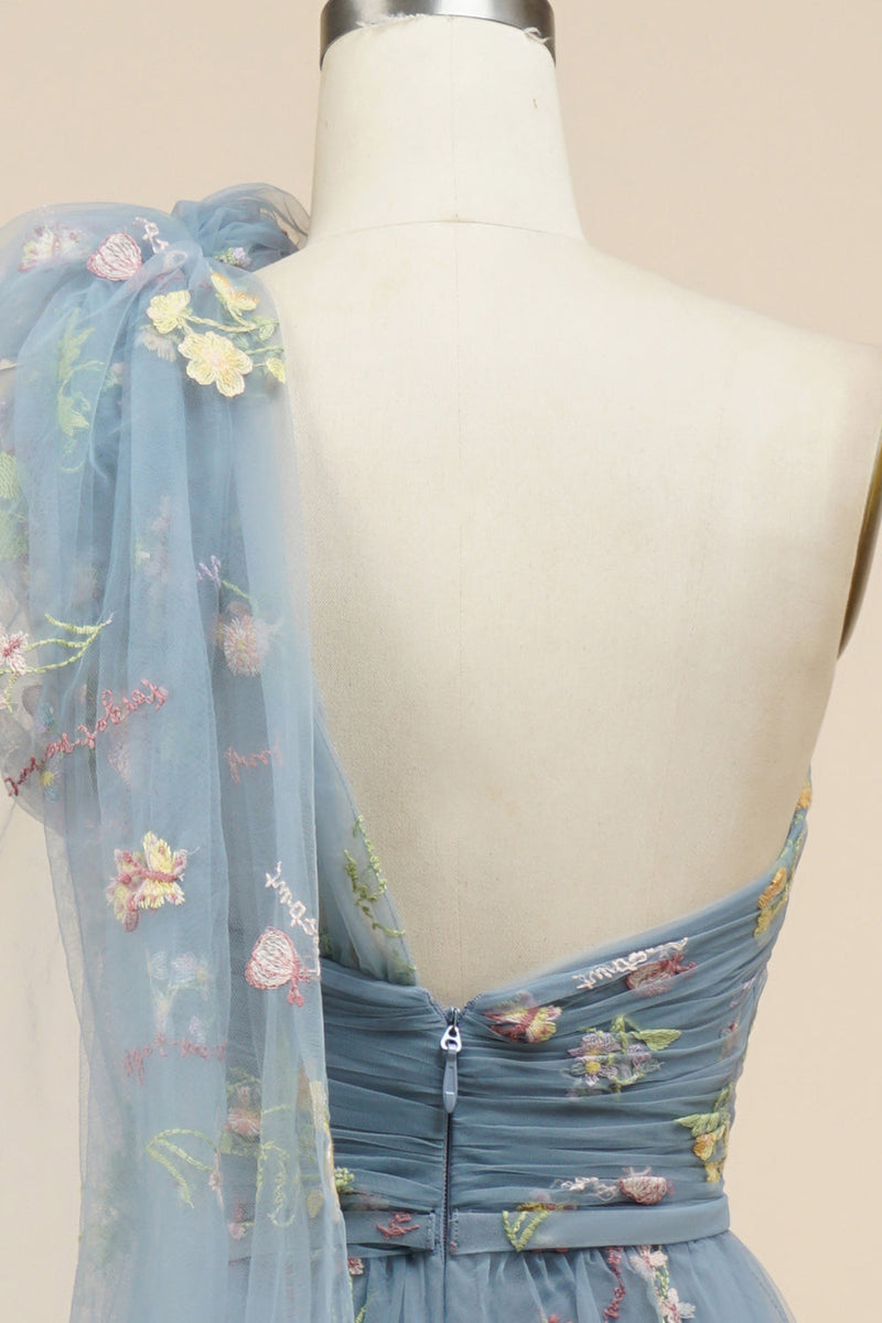 Load image into Gallery viewer, A-Line Grey Blue Long Prom Dress With Embroidery