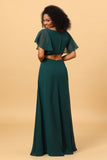 Dark Green V-Neck Long Chiffon Bridesmaid Dress with Ruffles