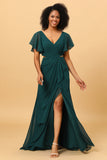 Dark Green V-Neck Long Chiffon Bridesmaid Dress with Ruffles