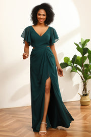 Dark Green V-Neck Long Chiffon Bridesmaid Dress with Ruffles