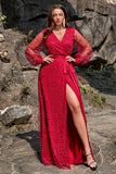 A Line V Neck Dark Red Plus Size Prom Dress with Split Front