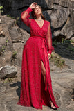 A Line V Neck Dark Red Plus Size Prom Dress with Split Front