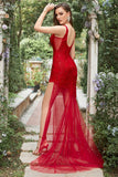 Mermaid V Neck Red Long Prom Dress with Embroidery