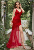 Load image into Gallery viewer, Mermaid V Neck Red Long Prom Dress with Embroidery