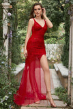 Mermaid V Neck Red Long Prom Dress with Embroidery