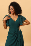 Hollow-out Chiffon Green Bridesmaid Dress with Ruffles Sleeves