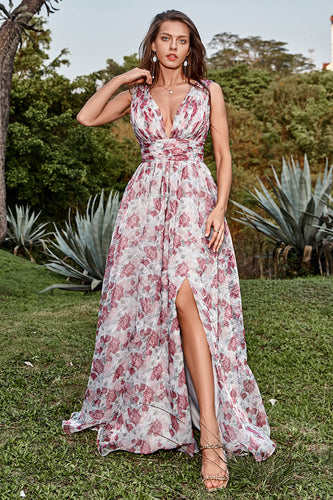 A Line Deep V Neck Grey and Pink Floral Long Prom Dress