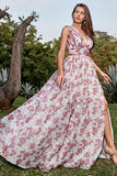 A Line Deep V Neck Grey and Pink Floral Long Prom Dress