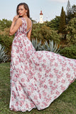 A Line Deep V Neck Grey and Pink Floral Long Prom Dress