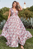 A Line Deep V Neck Grey and Pink Floral Long Prom Dress