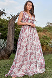 A Line Deep V Neck Grey and Pink Floral Long Prom Dress