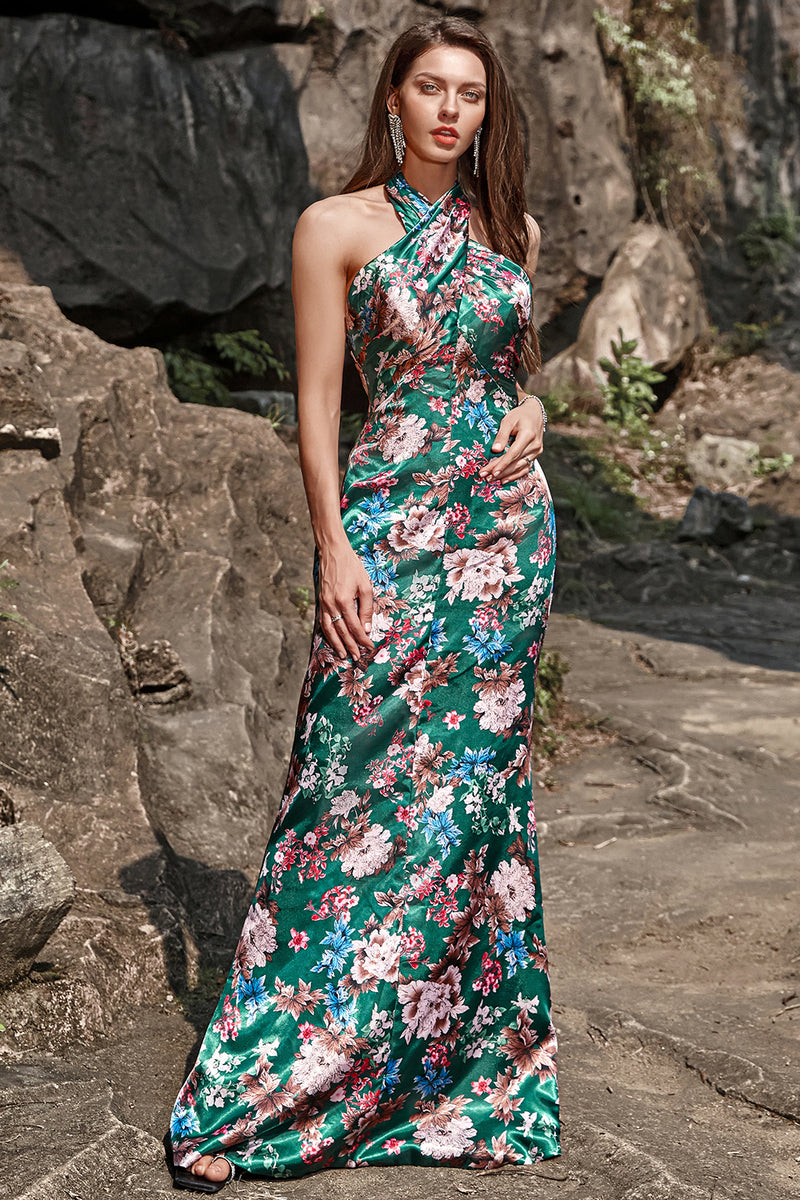 Load image into Gallery viewer, Flower Print Halter Satin Prom Dress