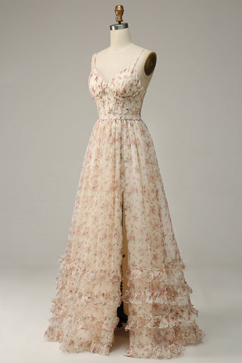 Apricot A Line Print Prom Dress with Slit