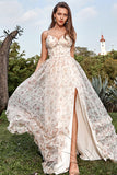 A Line Spaghetti Straps Apricot Print Prom Dress with Slit