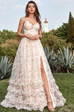 A Line Spaghetti Straps Apricot Print Prom Dress with Slit