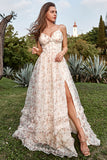 A Line Spaghetti Straps Apricot Print Prom Dress with Slit