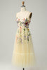 Load image into Gallery viewer, A Line Spaghetti Straps Champagne Tea Length Prom Dress with Appliques