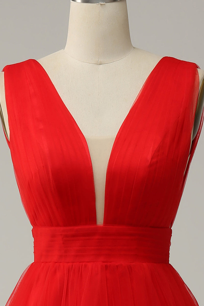 Load image into Gallery viewer, Red A Line Deep V Neck Midi Prom Dress with Open Back