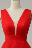 Red A Line Deep V Neck Midi Prom Dress with Open Back