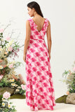 A Line V Neck Pink Flower Printed Long Bridesmaid Dress with Ruffles