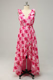 Plus Size High Low Pink Flower Printed Bridesmaid Dress with Ruffles